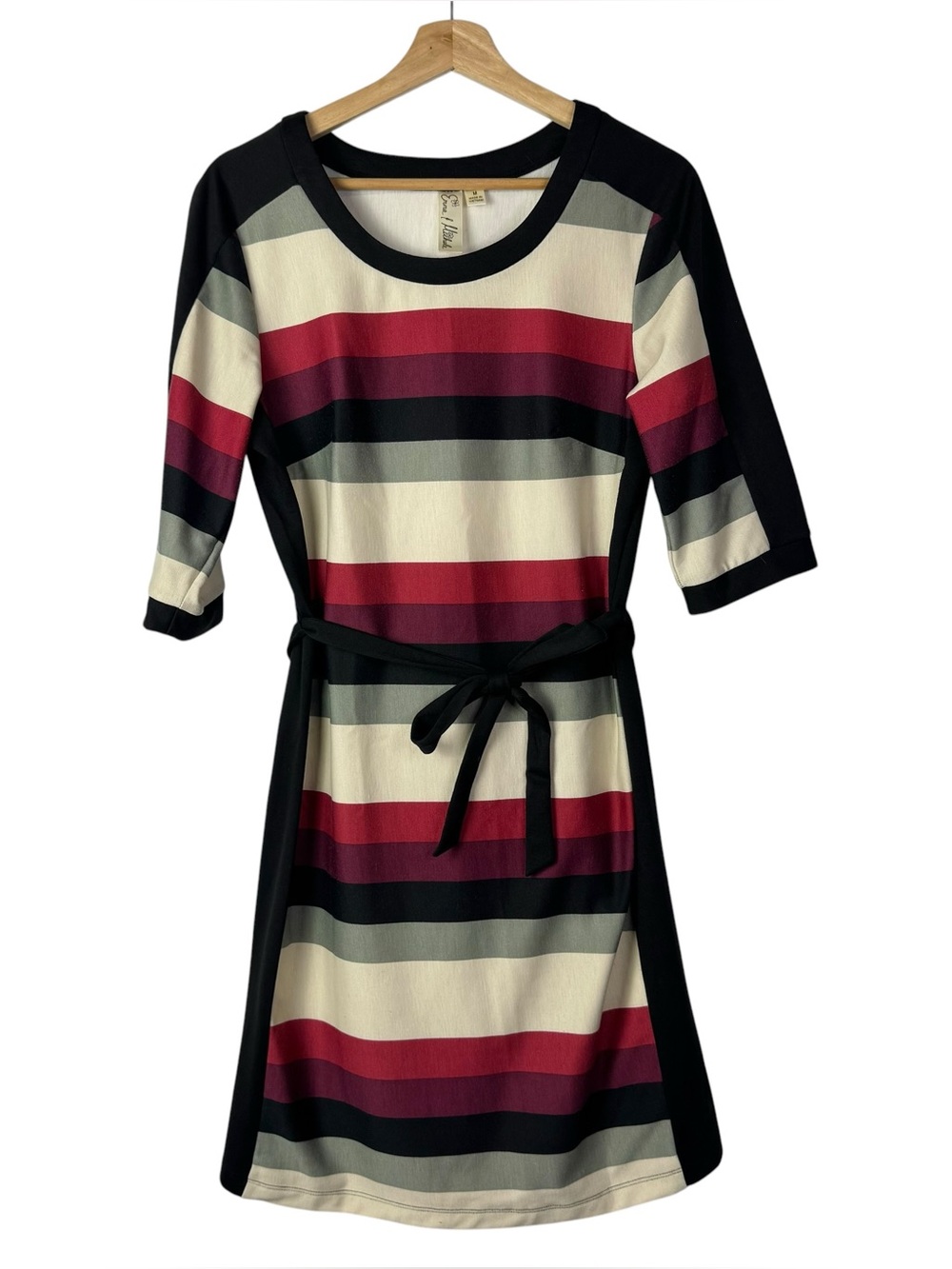 Emma & Michele Black Beige & Burgundy Stripe Slimming Long Sleeve Dress M